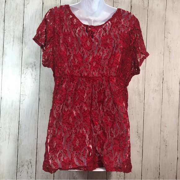 Torrid Red Lace V-Neck Overlay Stretch Blouse 2X - Picture 3 of 6